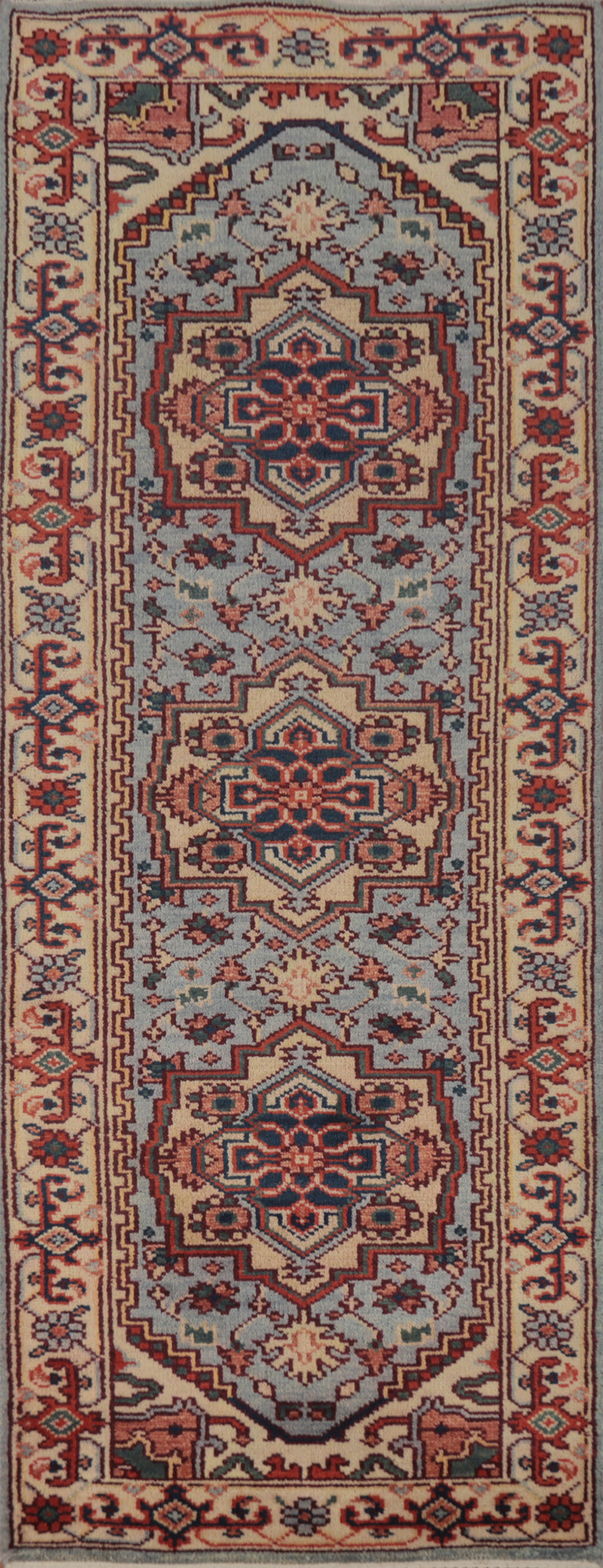 Light Blue Heriz Serapi Indian Runner Rug 3x8