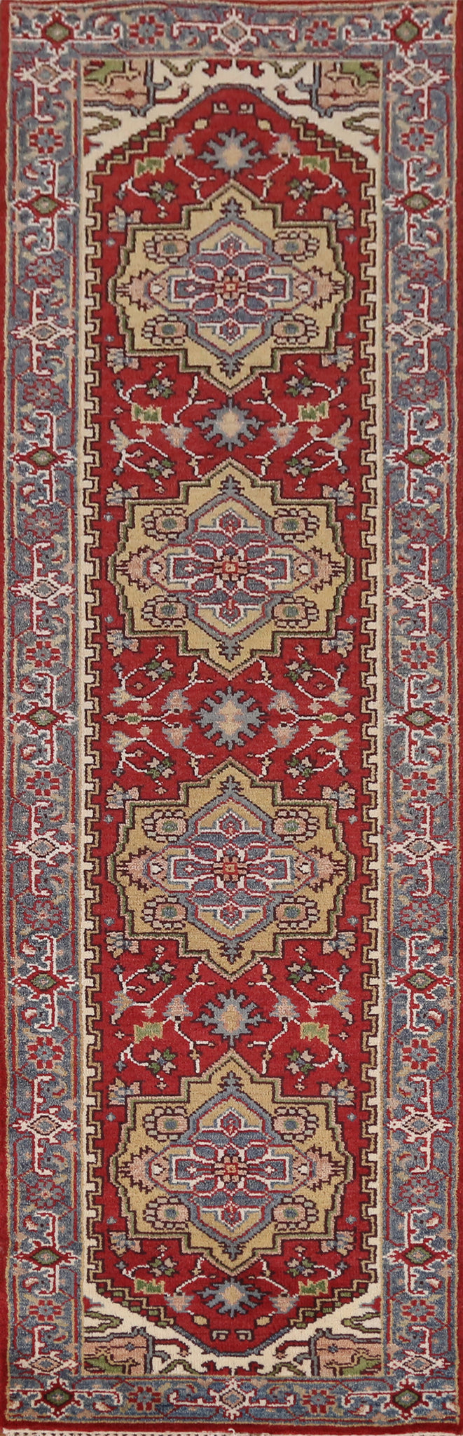 Red Wool Heriz Serapi Indian Runner Rug 3x10