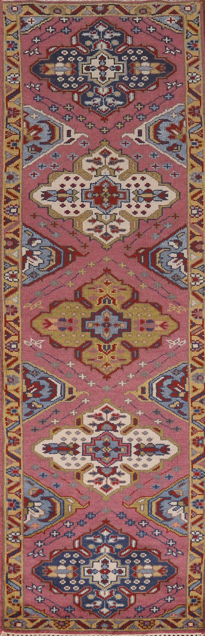 Pink Geometric Heriz Serapi Indian Runner Rug 3x10