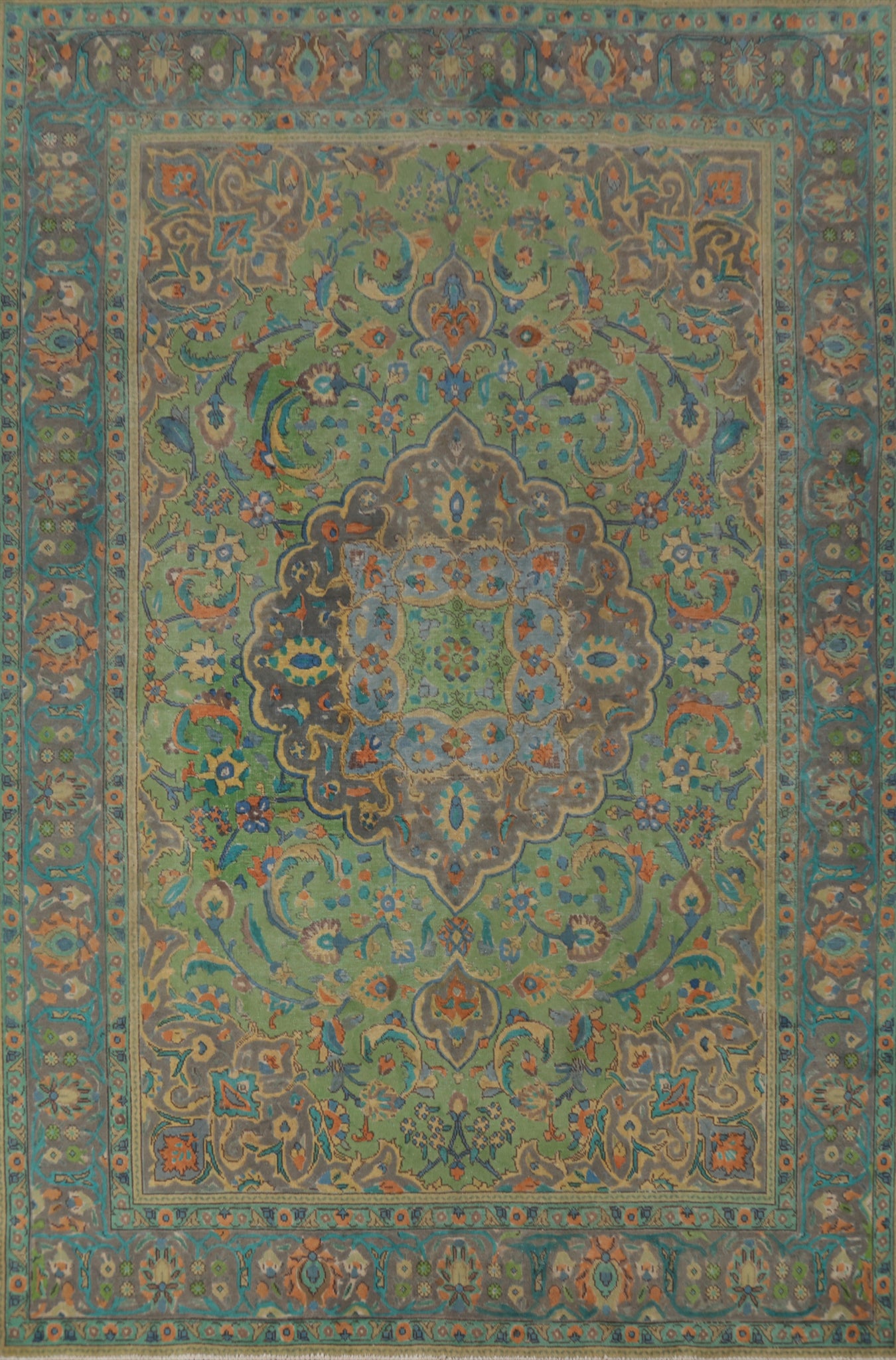 Distressed Green Wool Tabriz Persian Area Rug 8x11