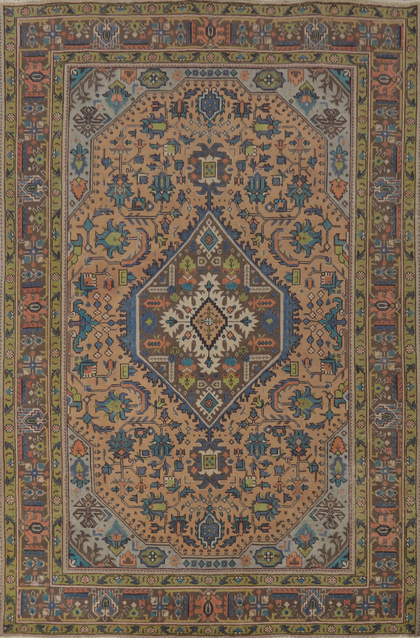 Vintage Geometric Wool Tabriz Persian Area Rug 7x9