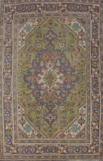 Light Green Geometric Tabriz Persian Area Rug 7x9