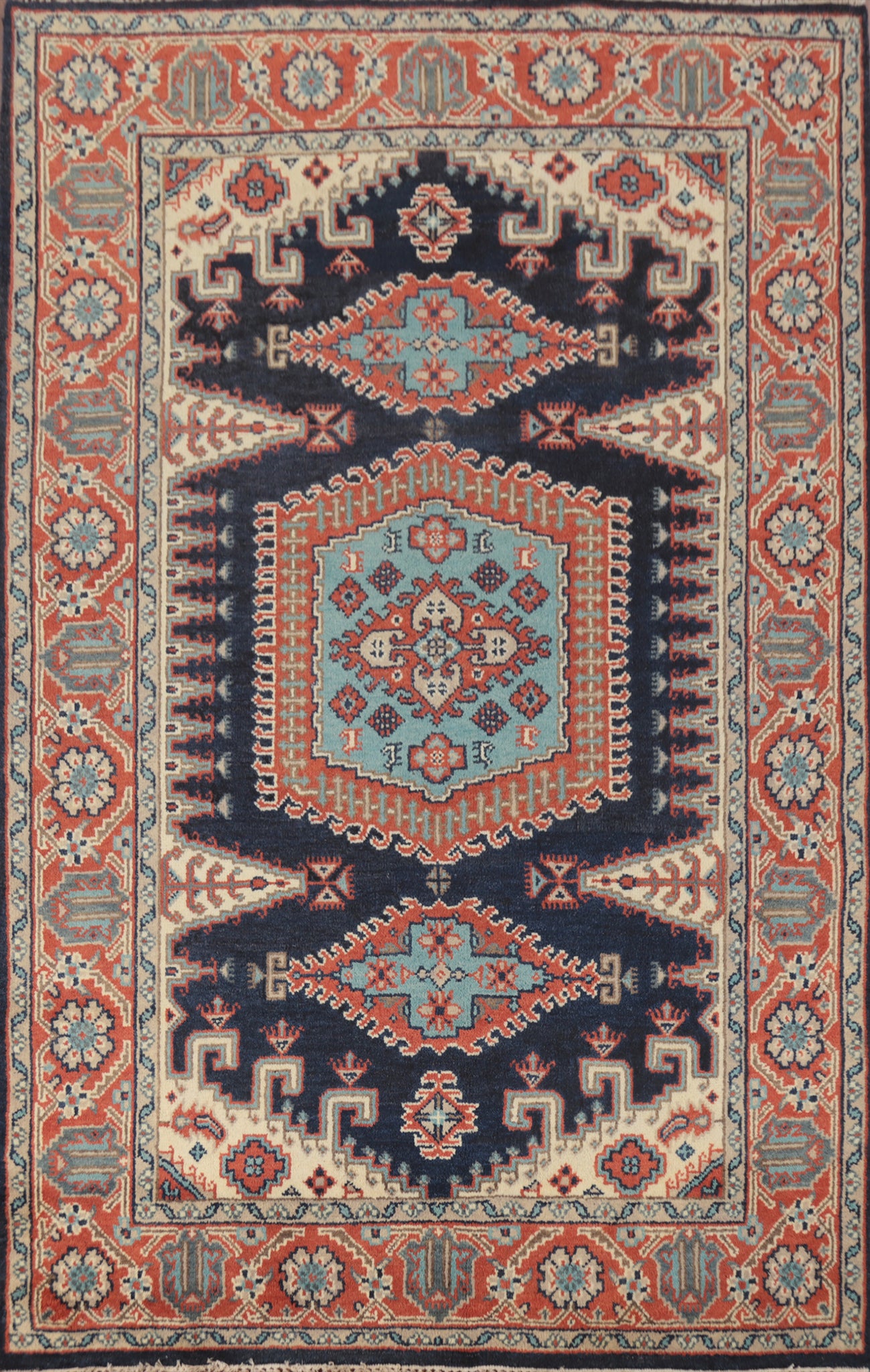 Dark Blue Geometric Viss Indian Area Rug 6x9