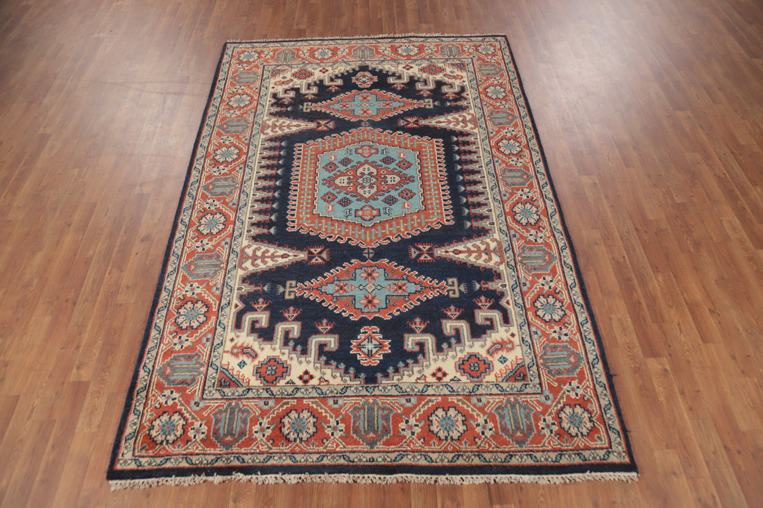 Dark Blue Geometric Viss Indian Area Rug 6x9