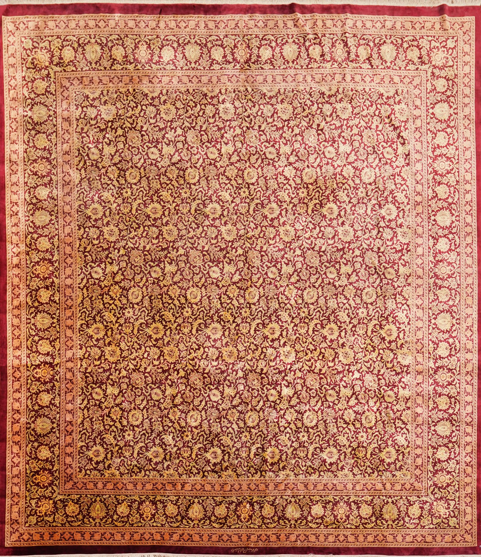 100% Silk Red Floral Qum Persian Square Rug 8x8
