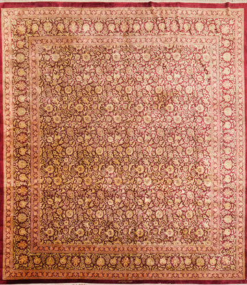 100% Silk Red Floral Qum Persian Square Rug 8x8