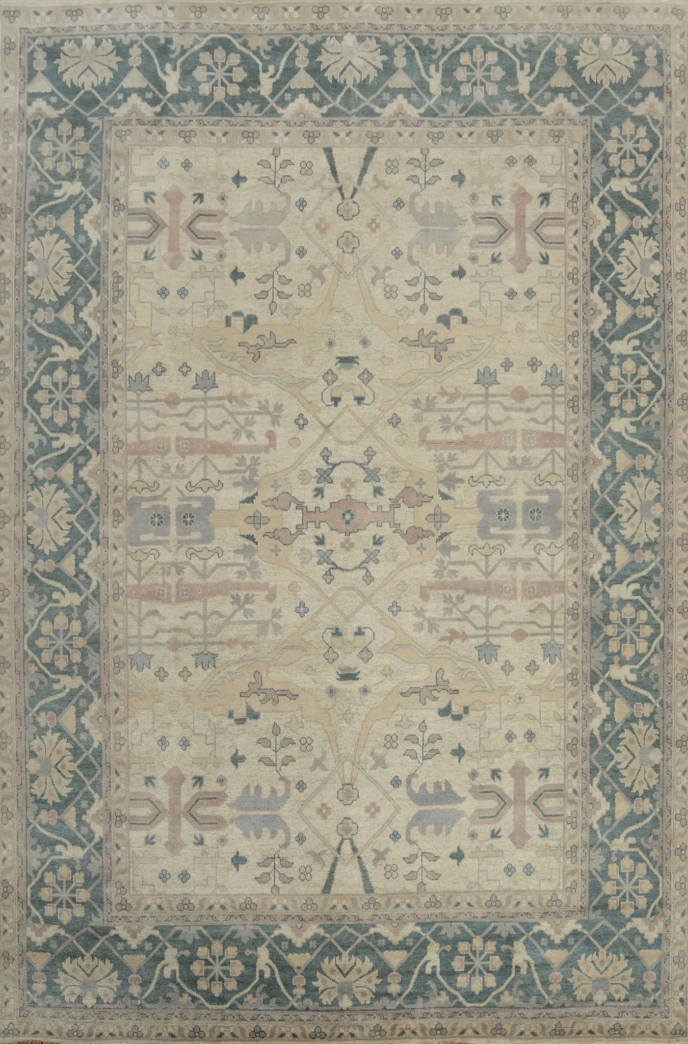 Floral Ivory Wool Oushak Indian Large Rug 12x18