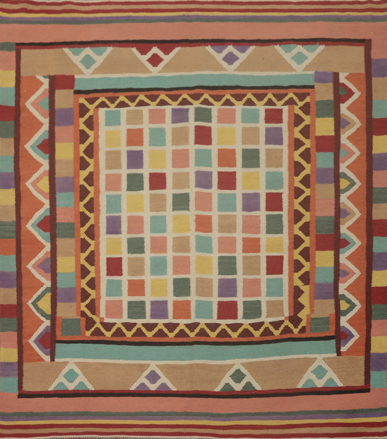 Checkered Kilim Wool Square Area Rug 6x6