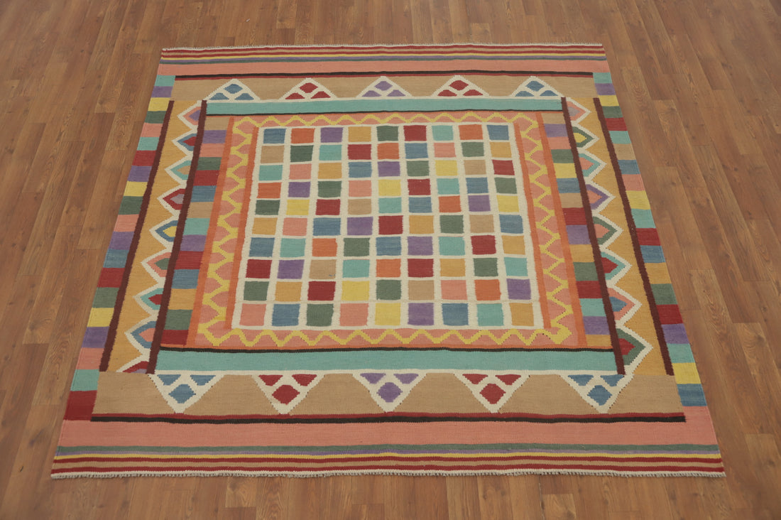 Checkered Wool Kilim Square Area Rug 6x6