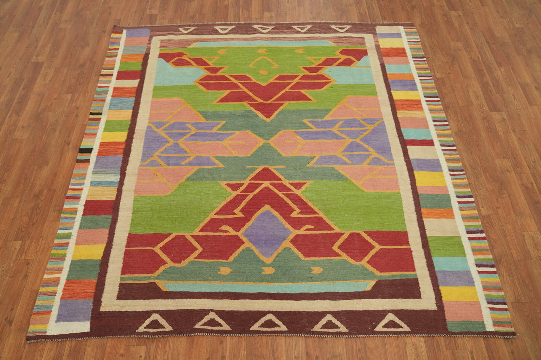 Geometric Wool Square Kilim Oriental Area Rug 7x7