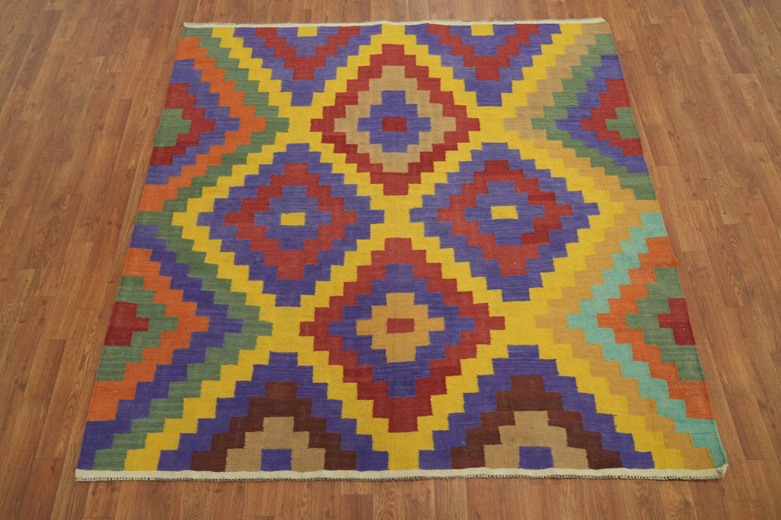 Geometric Wool Kilim Square Area Rug 6x6