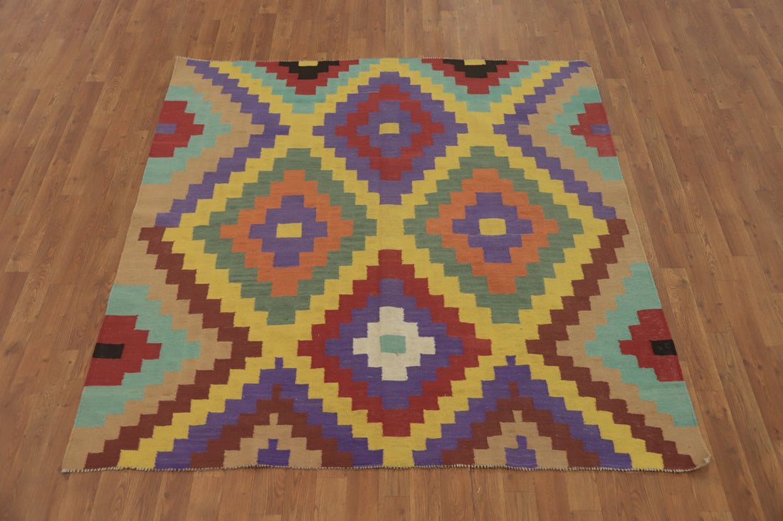 Colorful Square Kilim Wool Oriental Area Rug 6x6