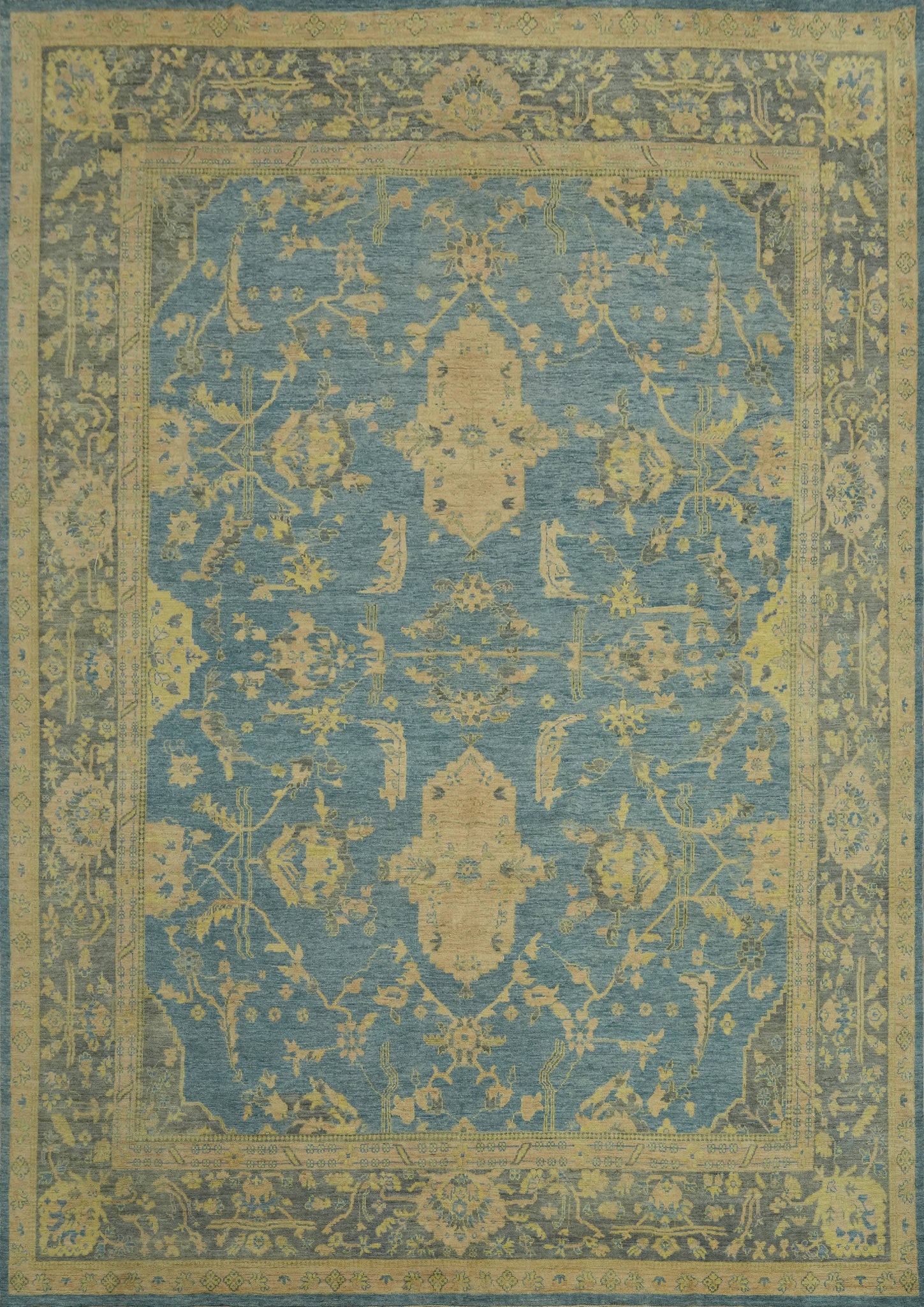 Handmade Blue Oushak Vegetable Dye Large Rug 12x15