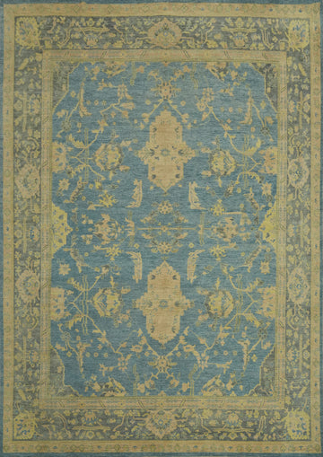 Handmade Blue Oushak Vegetable Dye Large Rug 12x15