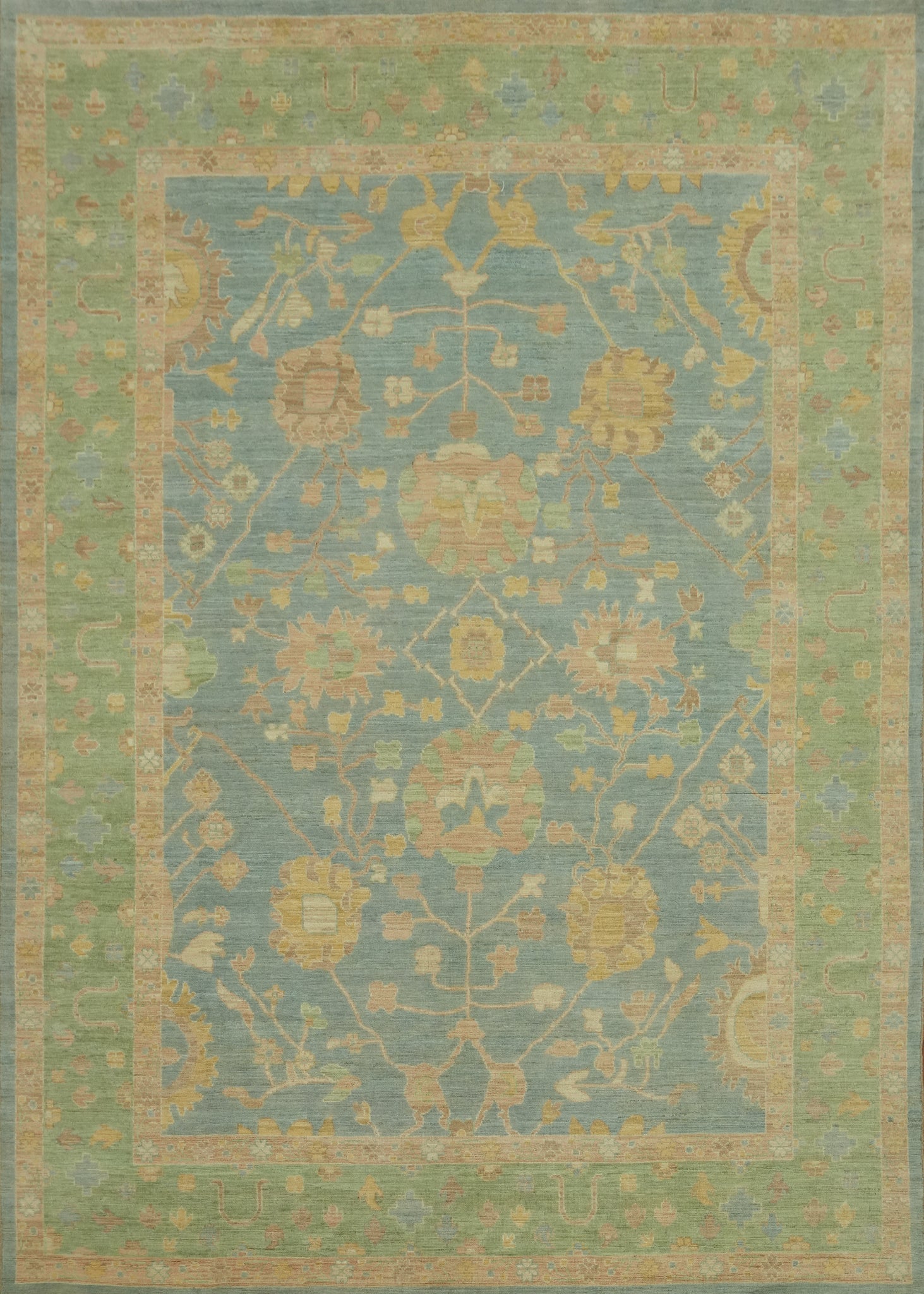 Vegetable Dye Blue Floral Oushak Turkish Area Rug 9x12