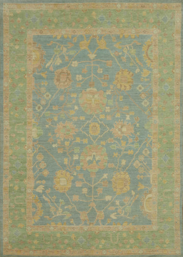 Vegetable Dye Blue Floral Oushak Turkish Area Rug 9x12