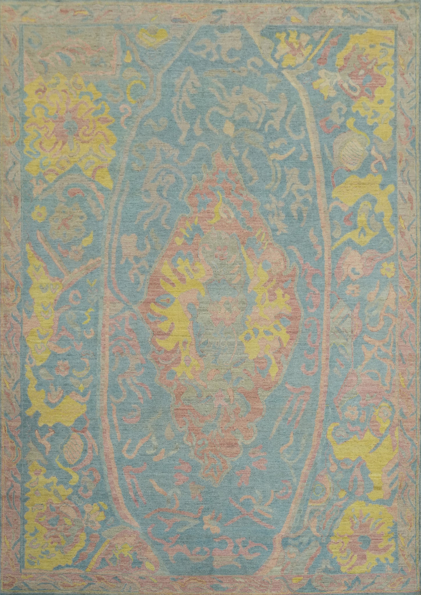 Handmade Blue Floral Oushak Vegetable Dye Area Rug 9x12