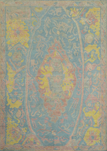 Handmade Blue Floral Oushak Vegetable Dye Area Rug 9x12