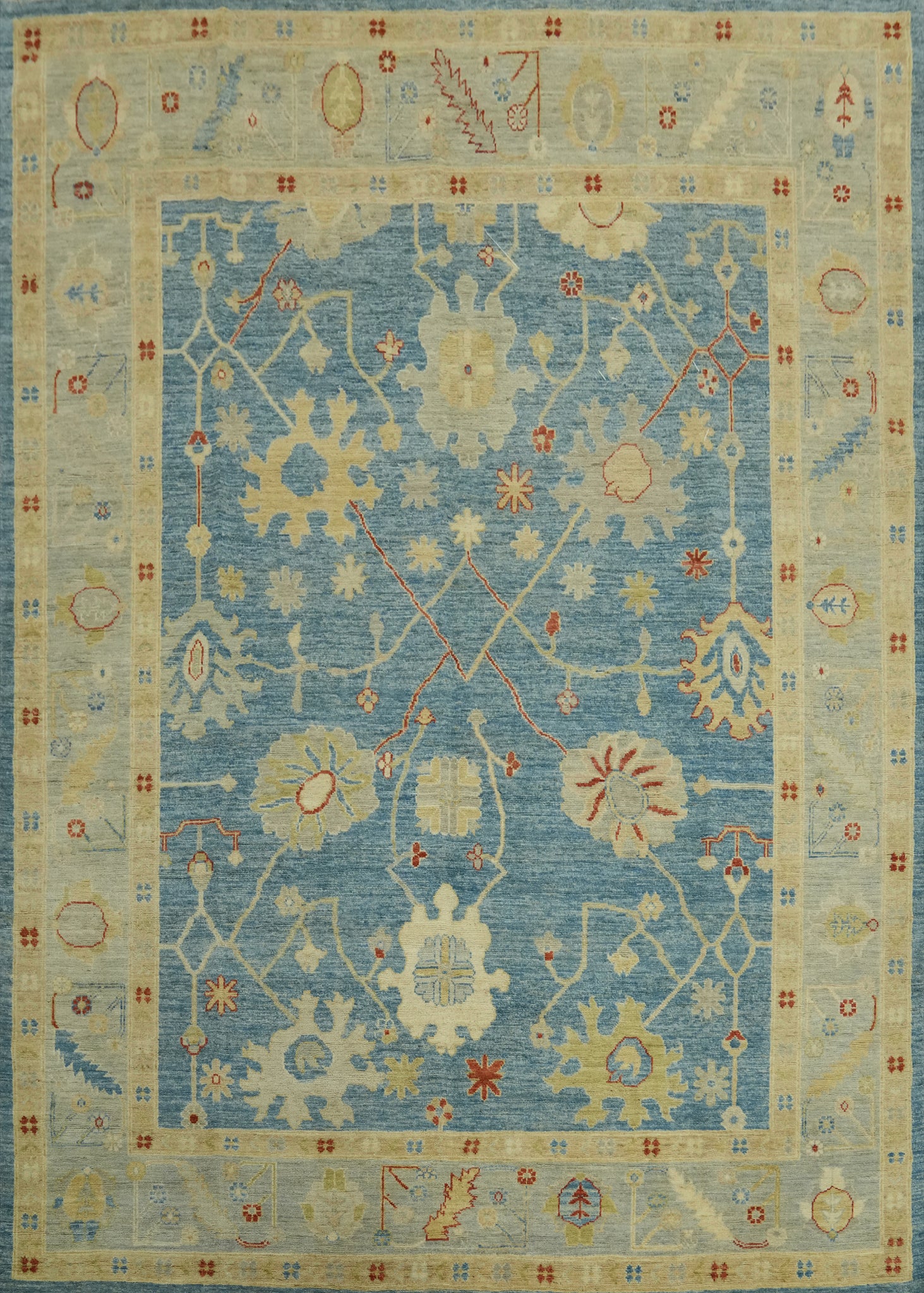 Vegetable Dye Blue Floral Oushak Turkish Area Rug 8x10