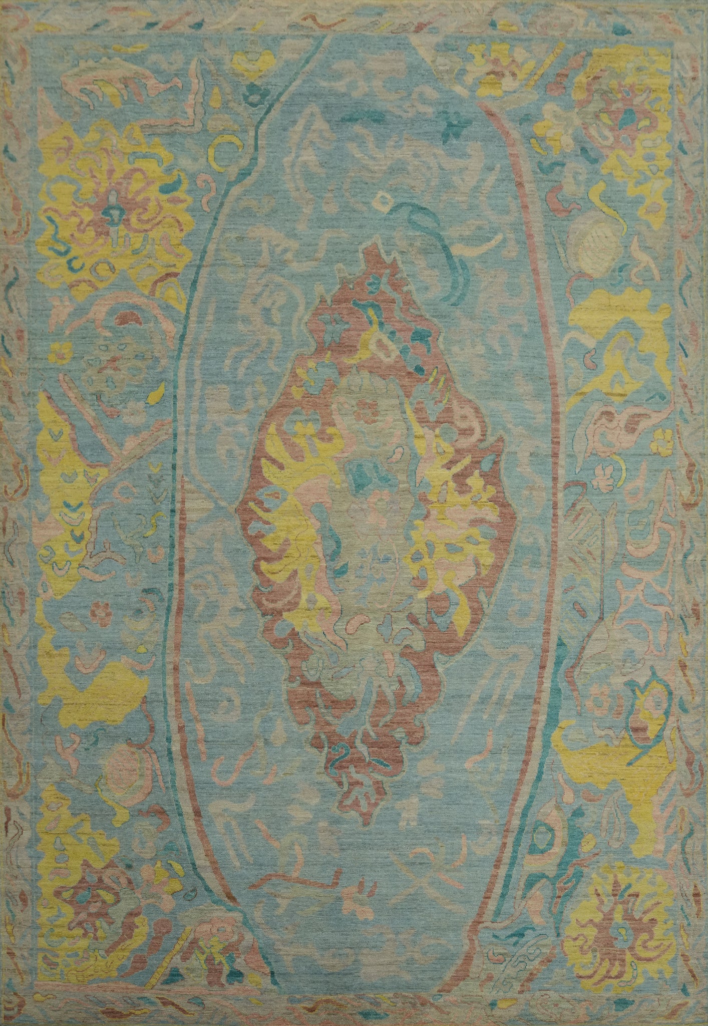 Handmade Blue Oushak Vegetable Dye Large Rug 10x14