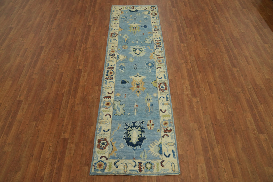 Light Blue Oushak Vegetable Dye Runner Rug 3x10