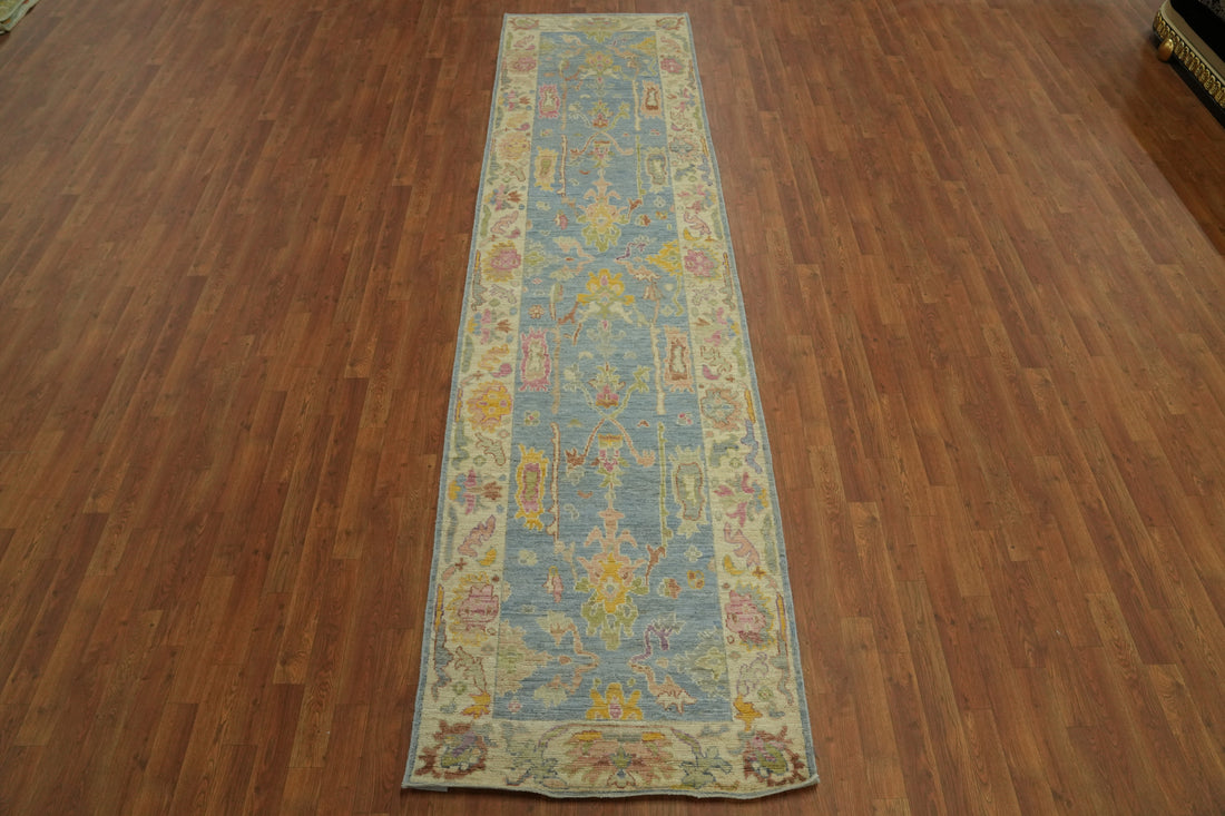 Light Blue Floral Wool Oushak Vegetable Dye Runner Rug 3x12