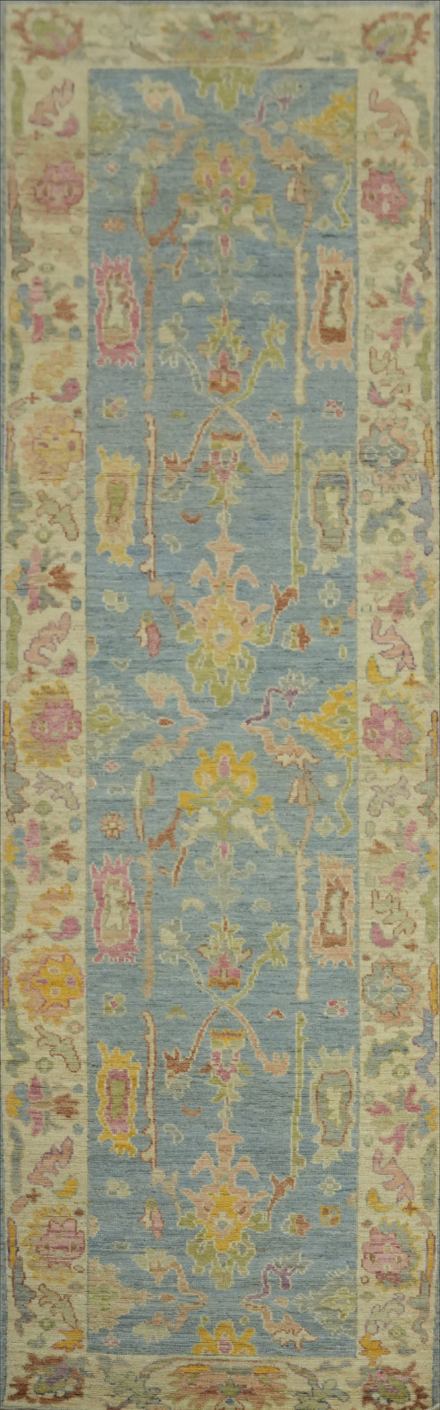 Light Blue Floral Wool Oushak Vegetable Dye Runner Rug 3x12