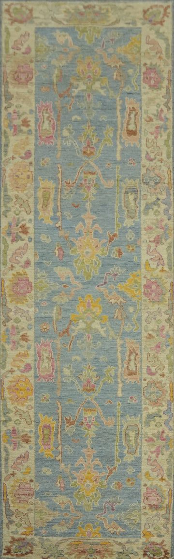 Light Blue Floral Wool Oushak Vegetable Dye Runner Rug 3x12