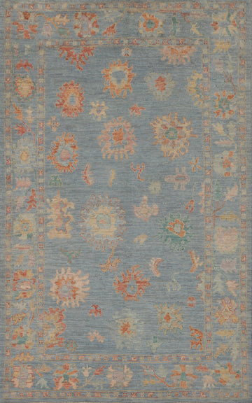 Vegetable Dye Blue Floral Oushak Turkish Area Rug 5x8
