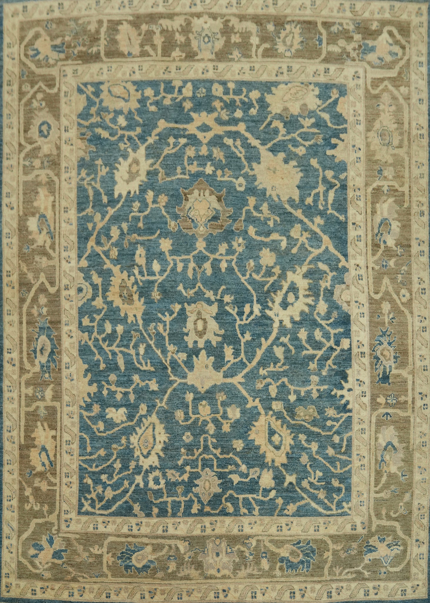 Vegetable Dye Blue Floral Oushak Turkish Area Rug 8x10