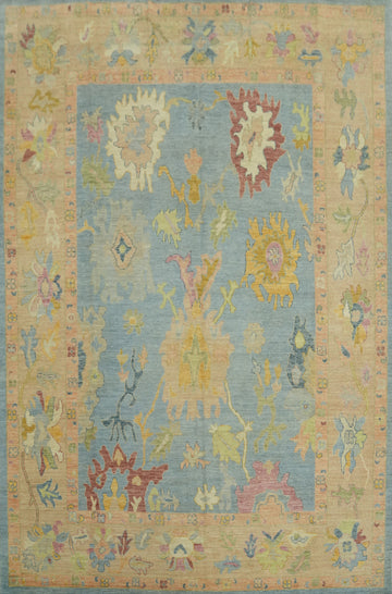 Floral Blue Wool Oushak Vegetable Dye Area Rug 9x12