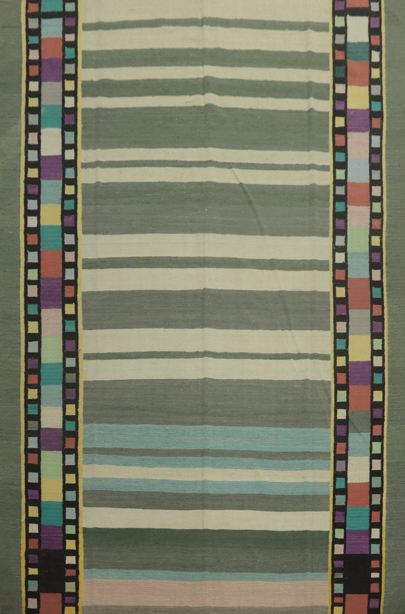 Striped Green Kilim Vegetable Dye Area Rug 9x12