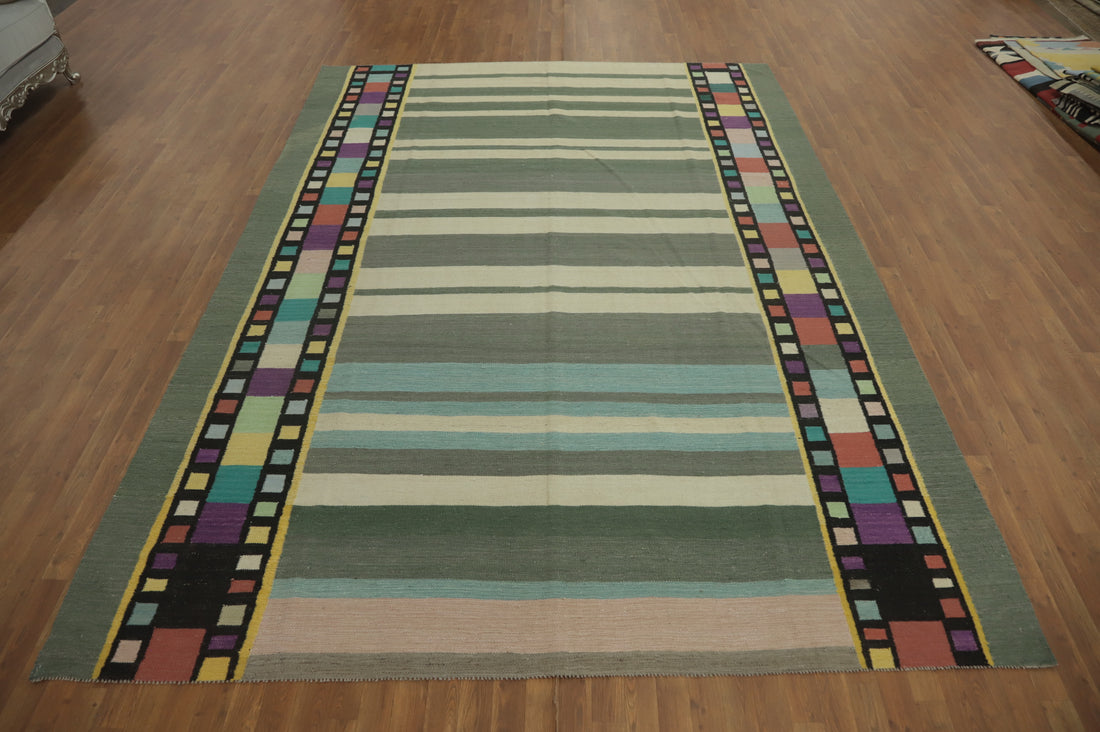 Striped Green Kilim Vegetable Dye Area Rug 9x12