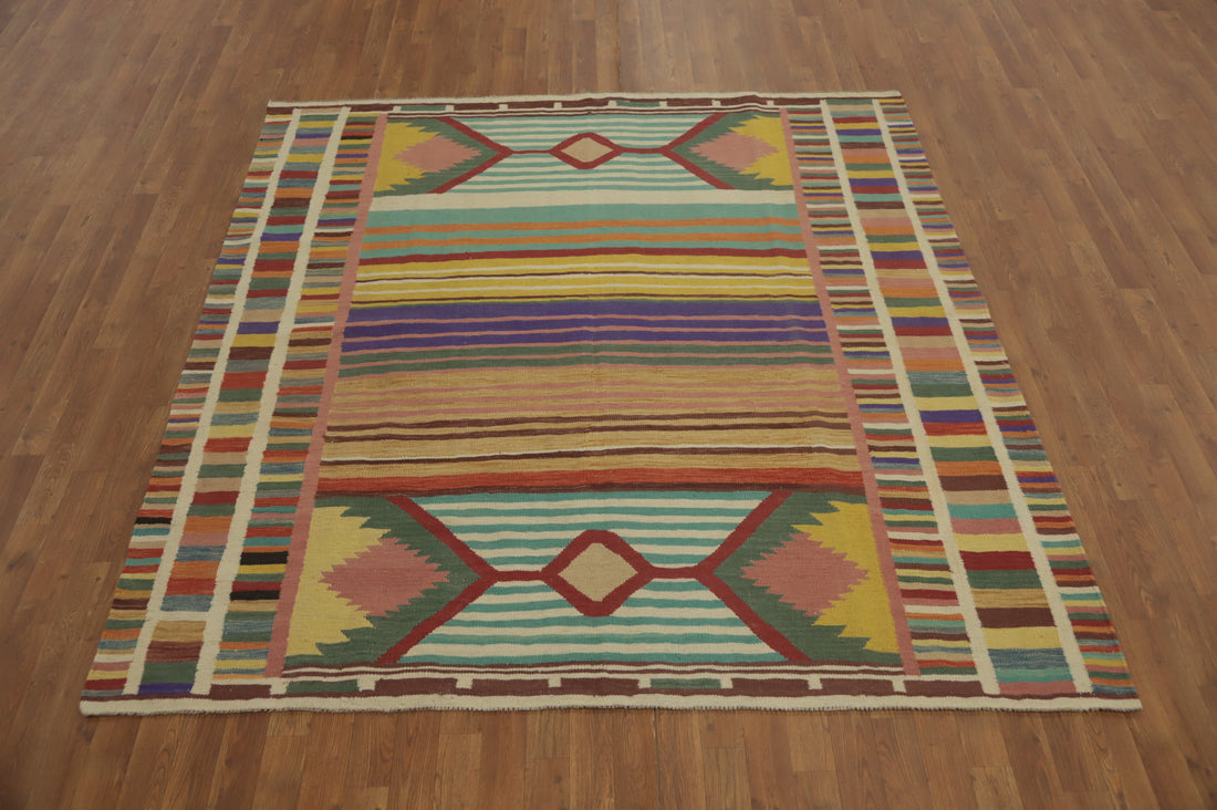 Striped Geometric Kilim Square Area Rug 7x7