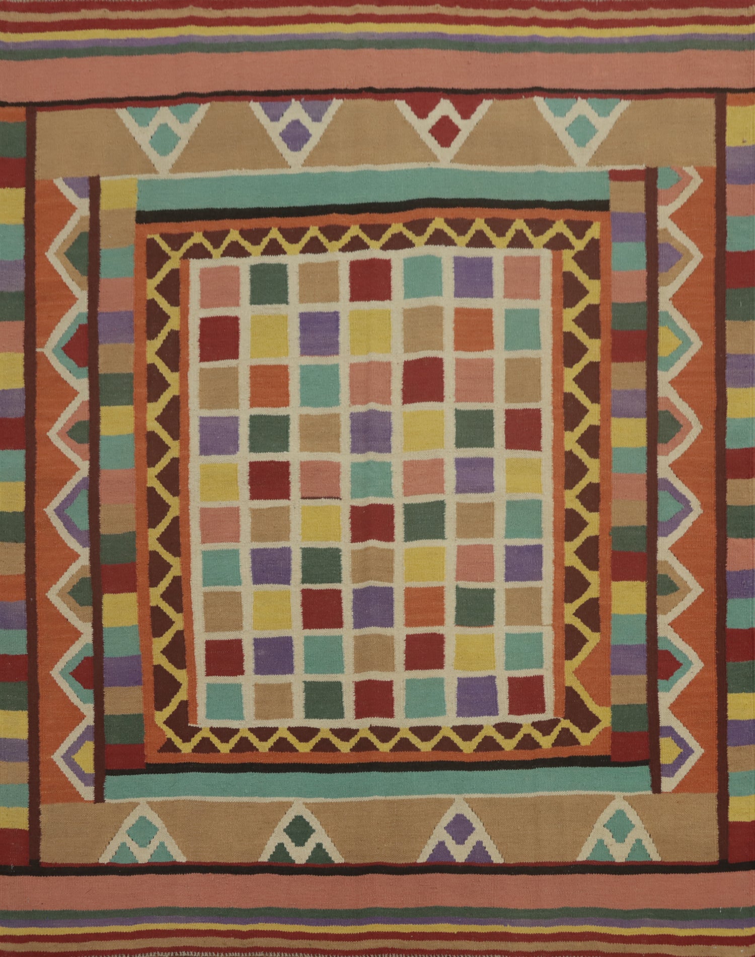 Checkered Wool Kilim Square Area Rug 6x6