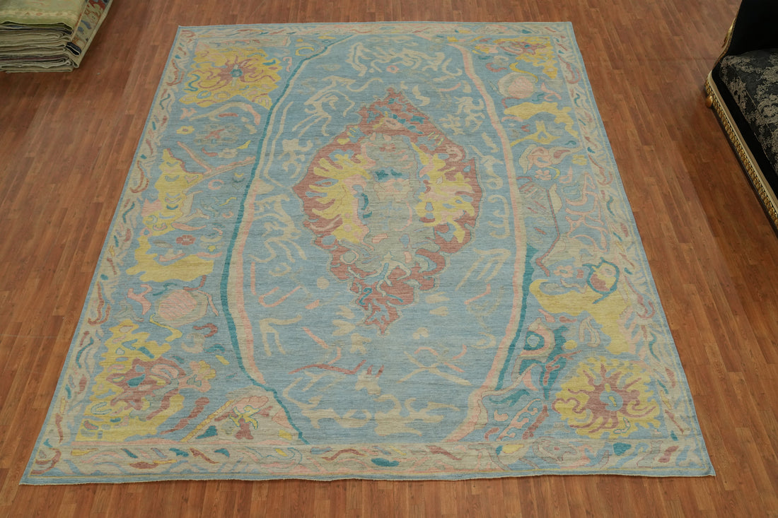 Handmade Blue Oushak Vegetable Dye Large Rug 12x15