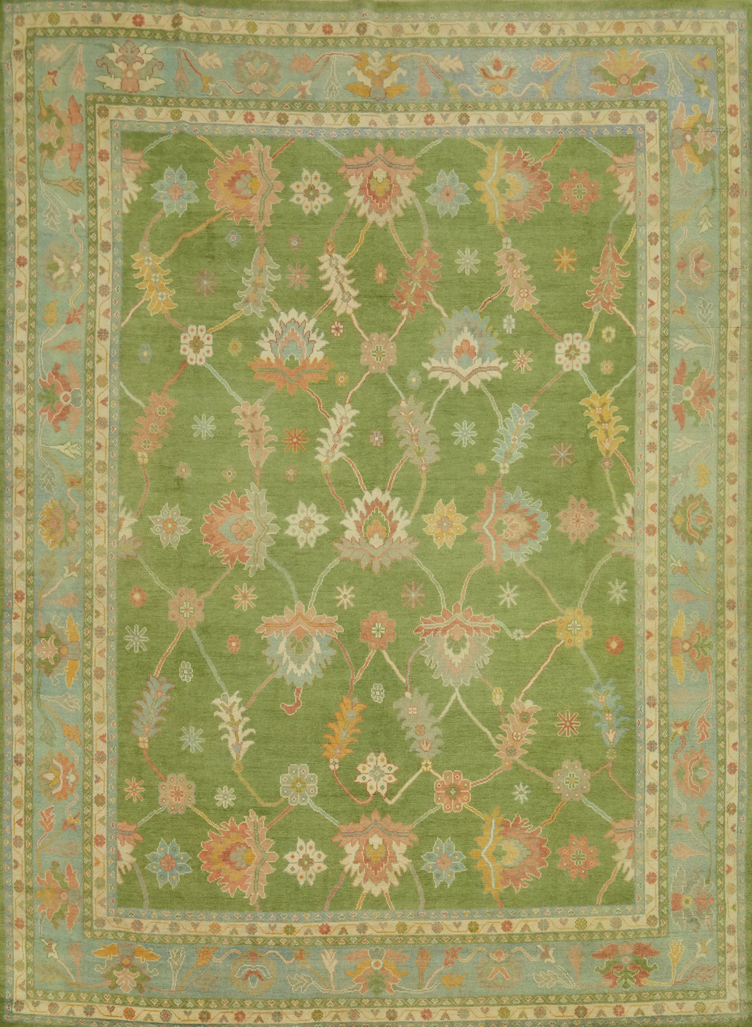 Floral Green Oushak Vegetable Dye Large Rug 12x15