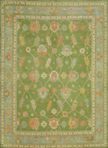 Floral Green Oushak Vegetable Dye Large Rug 12x15