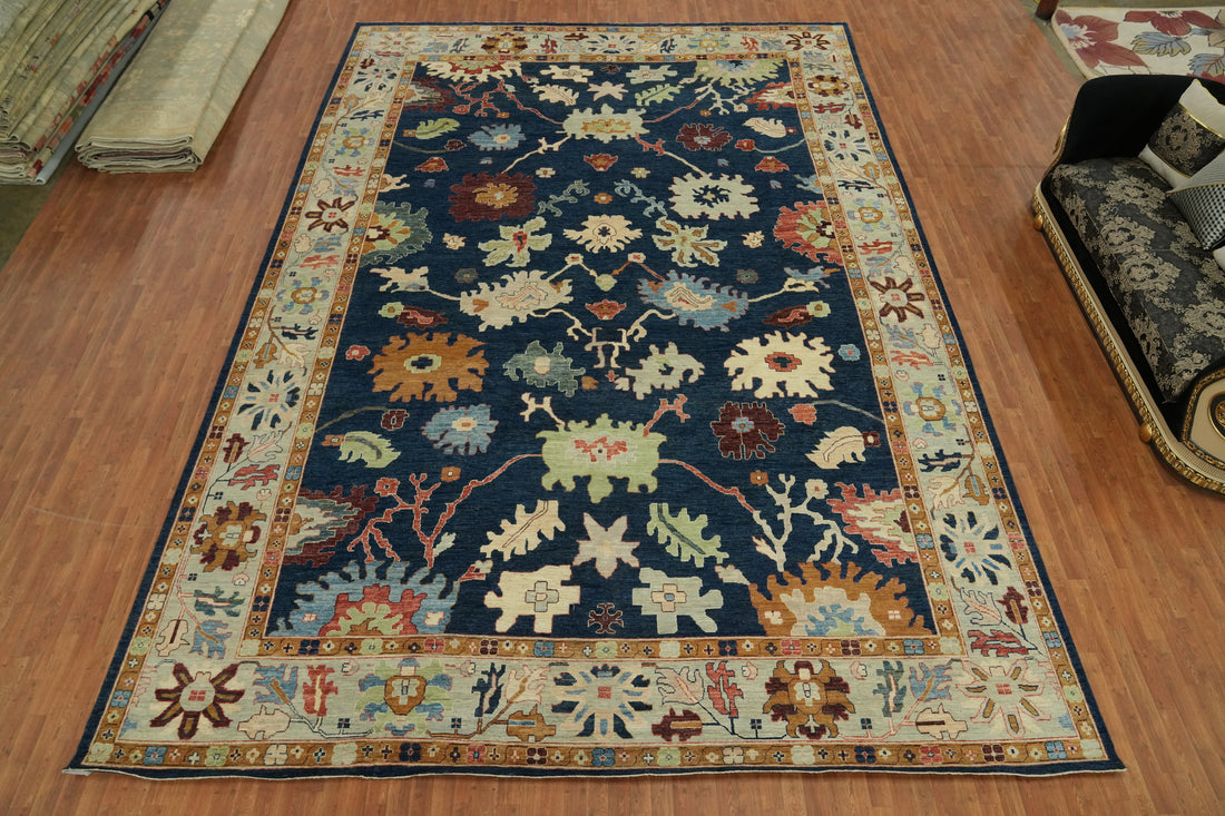 Floral Blue Oushak Vegetable Dye Large Rug 13x20