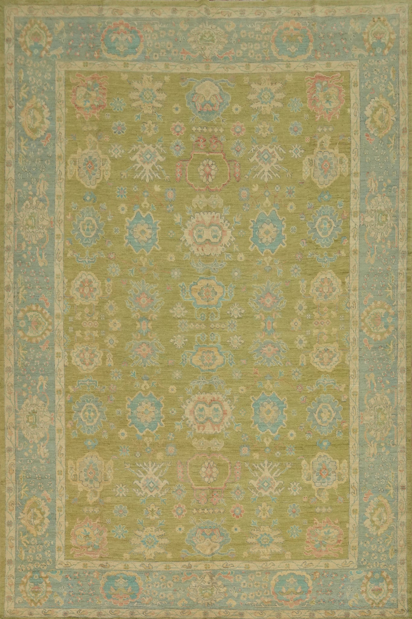 Vegetable Dye Green Oushak Turkish Large Rug 10x14