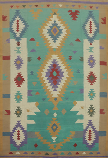 Turquoise Wool Kilim Large Area Rug 9x12