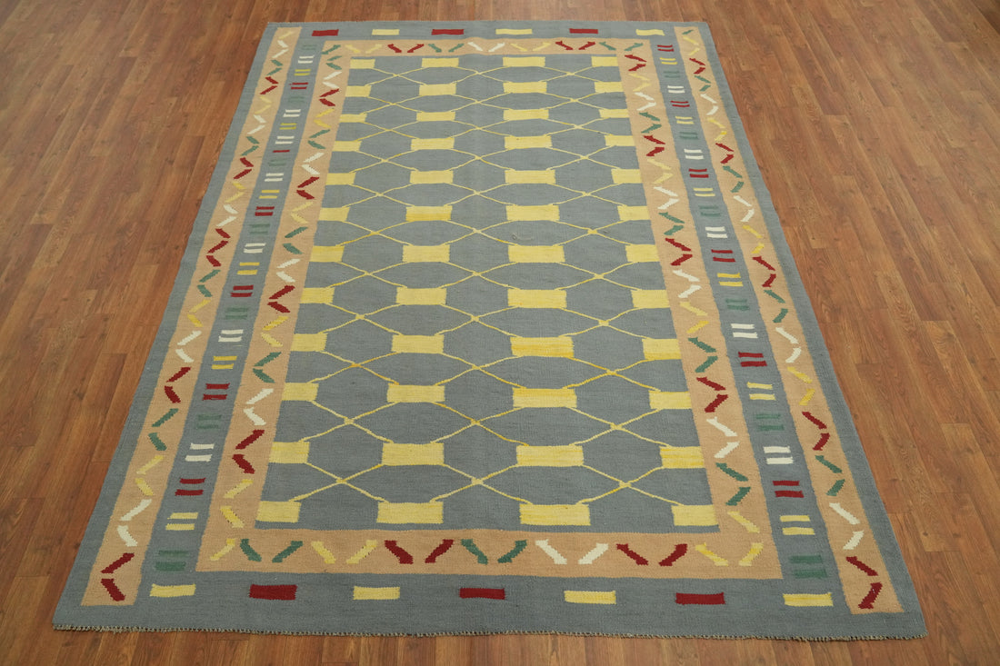 Gray Wool Trellis Kilim Oriental Area Rug 6x8