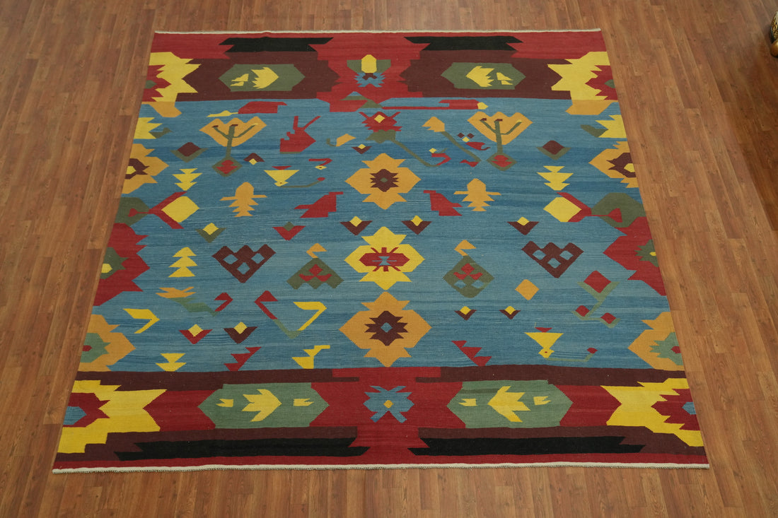 Vegetable Dye Blue Kilim Square Area Rug 10x10