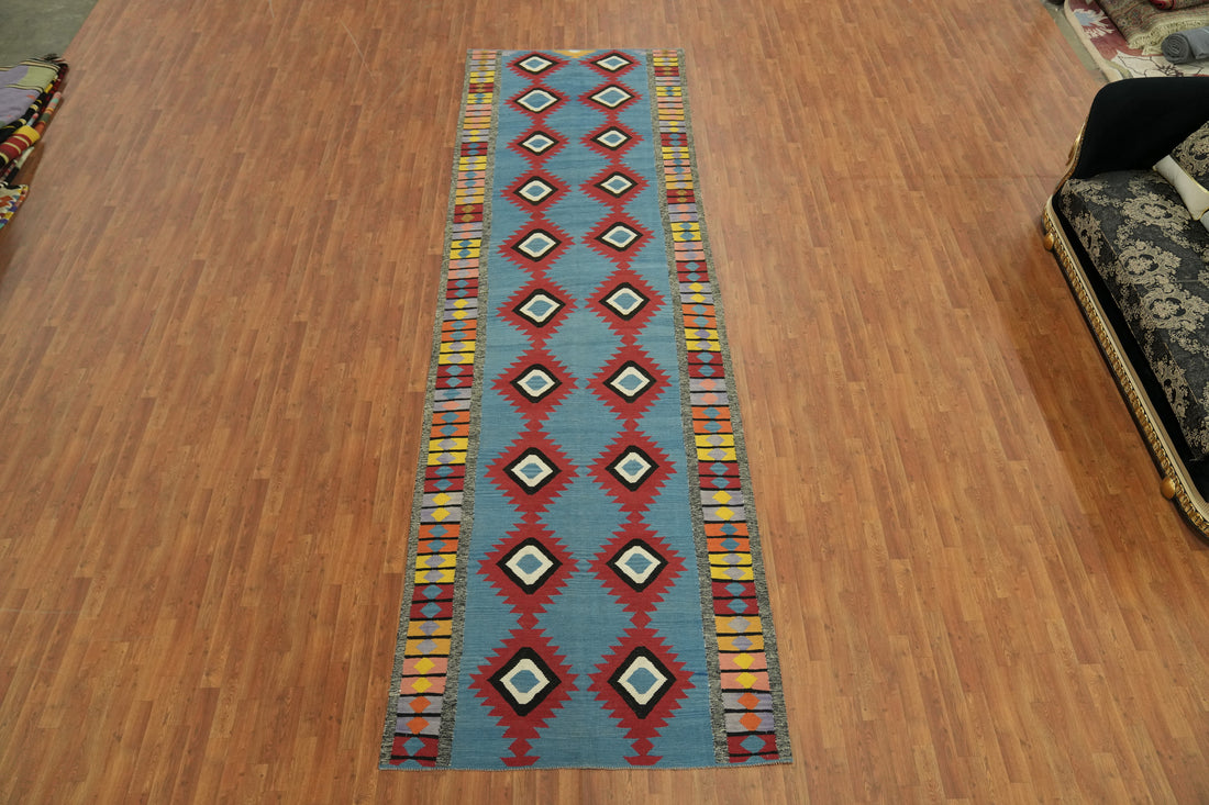 Blue Geometric Kilim Oriental Runner Rug 5x16