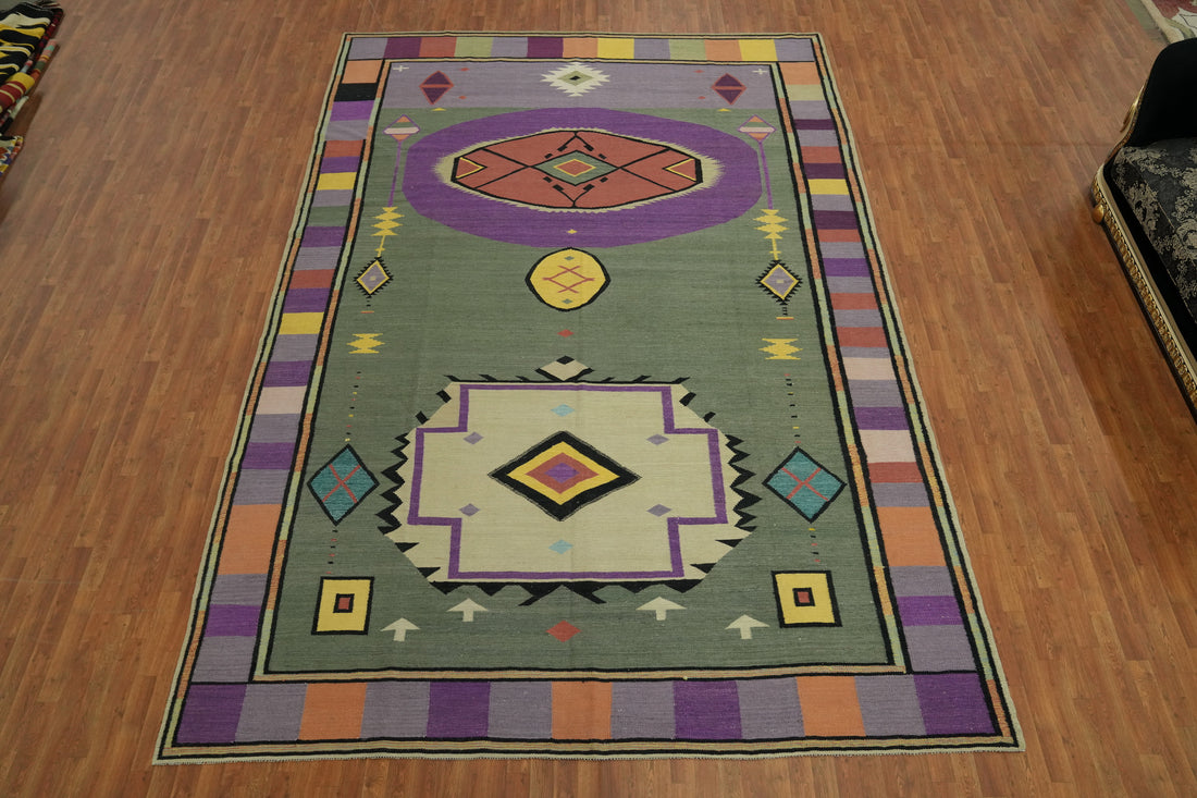 Green Wool Kilim Vegetable Dye Large Rug 10x15