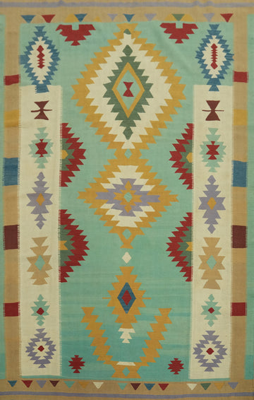 Aqua Blue Geometric Kilim Oriental Area Rug 9x12