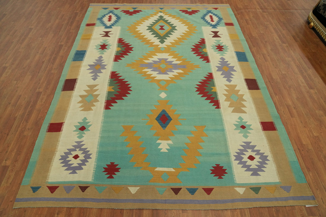 Aqua Blue Geometric Kilim Oriental Area Rug 9x12
