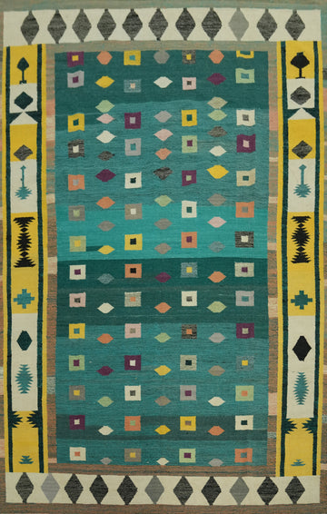 Green Geometric Kilim Vegetable Dye Area Rug 8x11