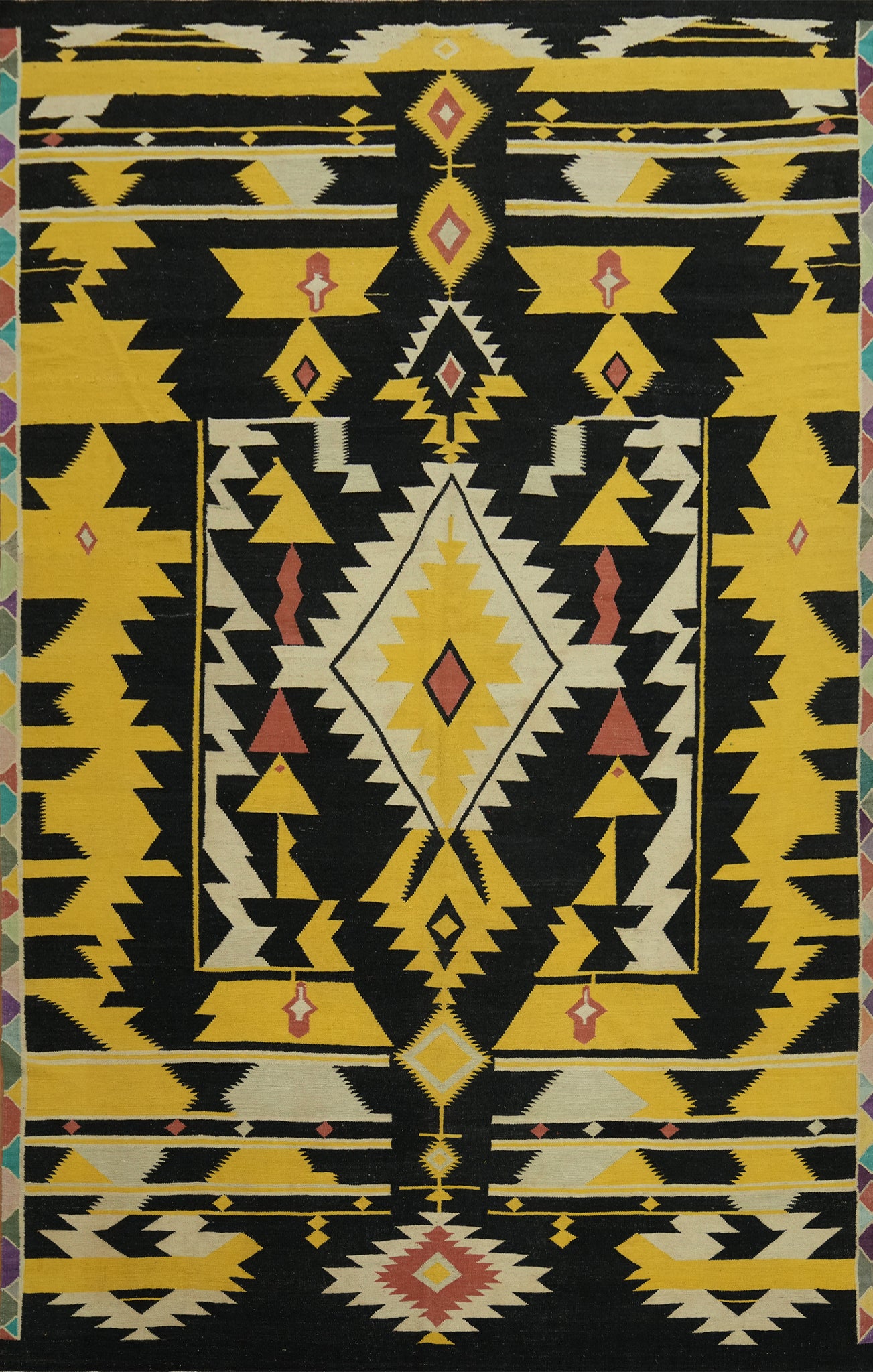 Black & Yellow Kilim Vegetable Dye Large Rug 11x15