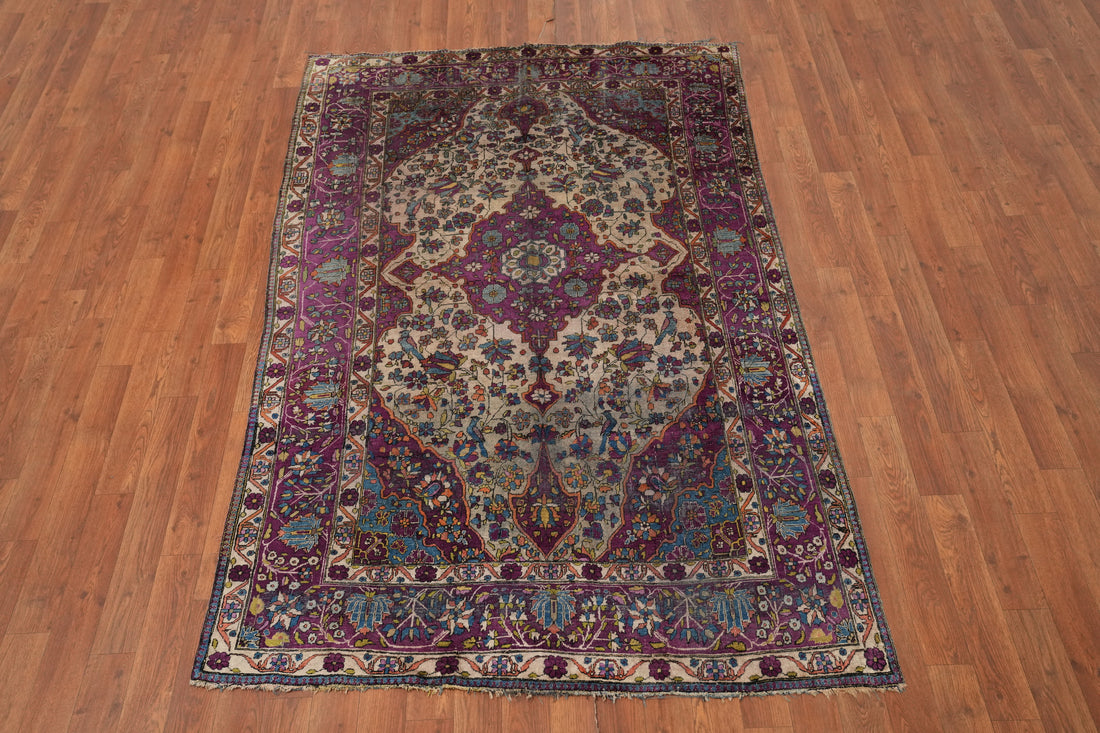 Pre-1900 Vegetable Dye Silk Kashan Persian Rug 4x7
